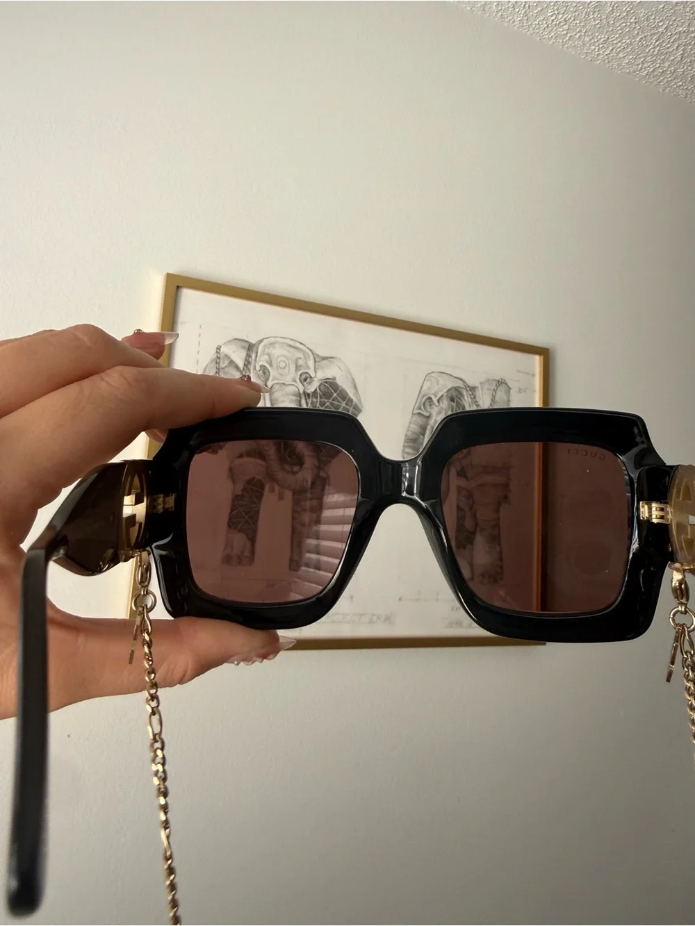 Gucci Black Square Sunglasses with Gold Chain and Brown Lenses